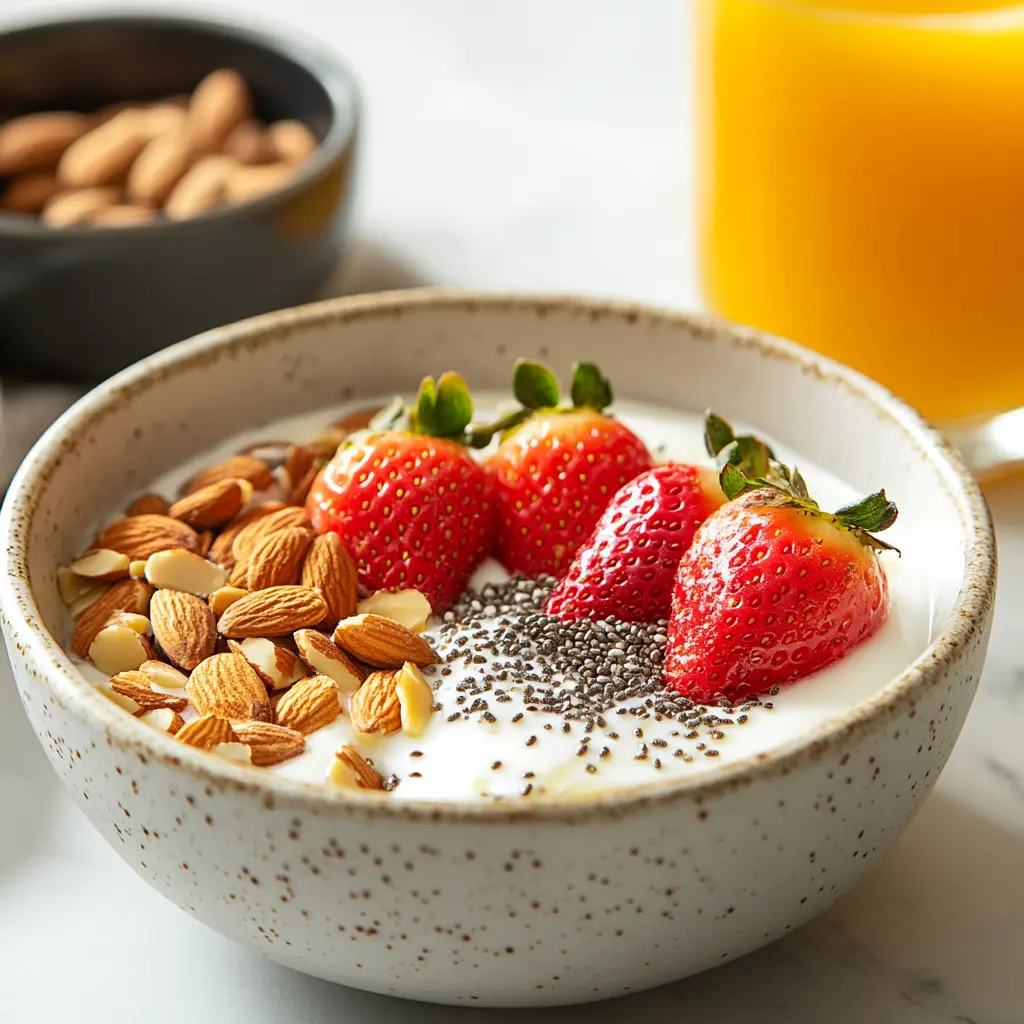 Greek yogurt with toppings and orange juice for breakfast