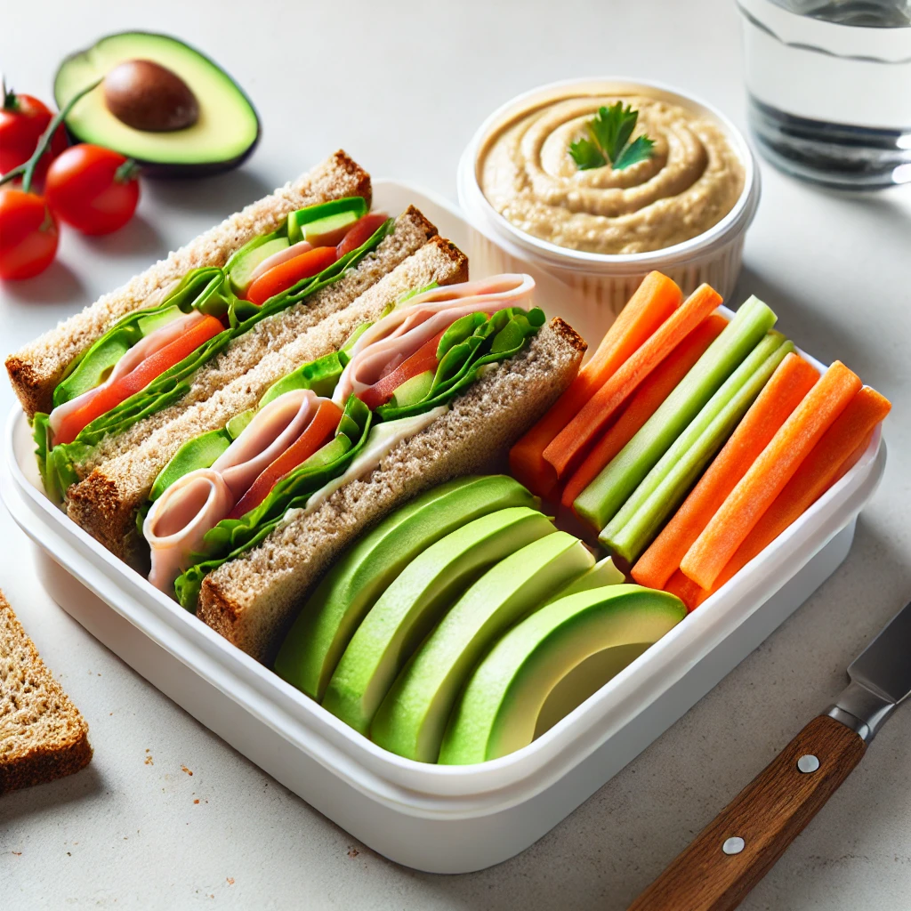 Lunchbox with a turkey and avocado sandwich, veggies, and hummus.