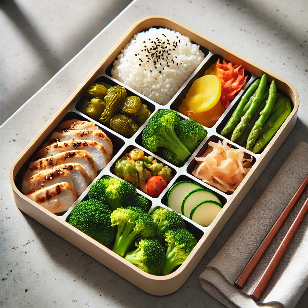 Bento box with rice, chicken, and vegetables