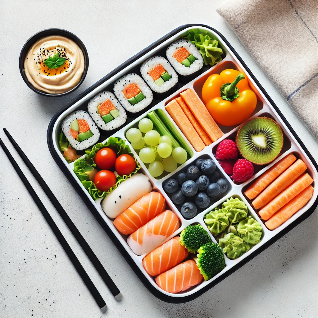 A colorful bento box lunch for adults.