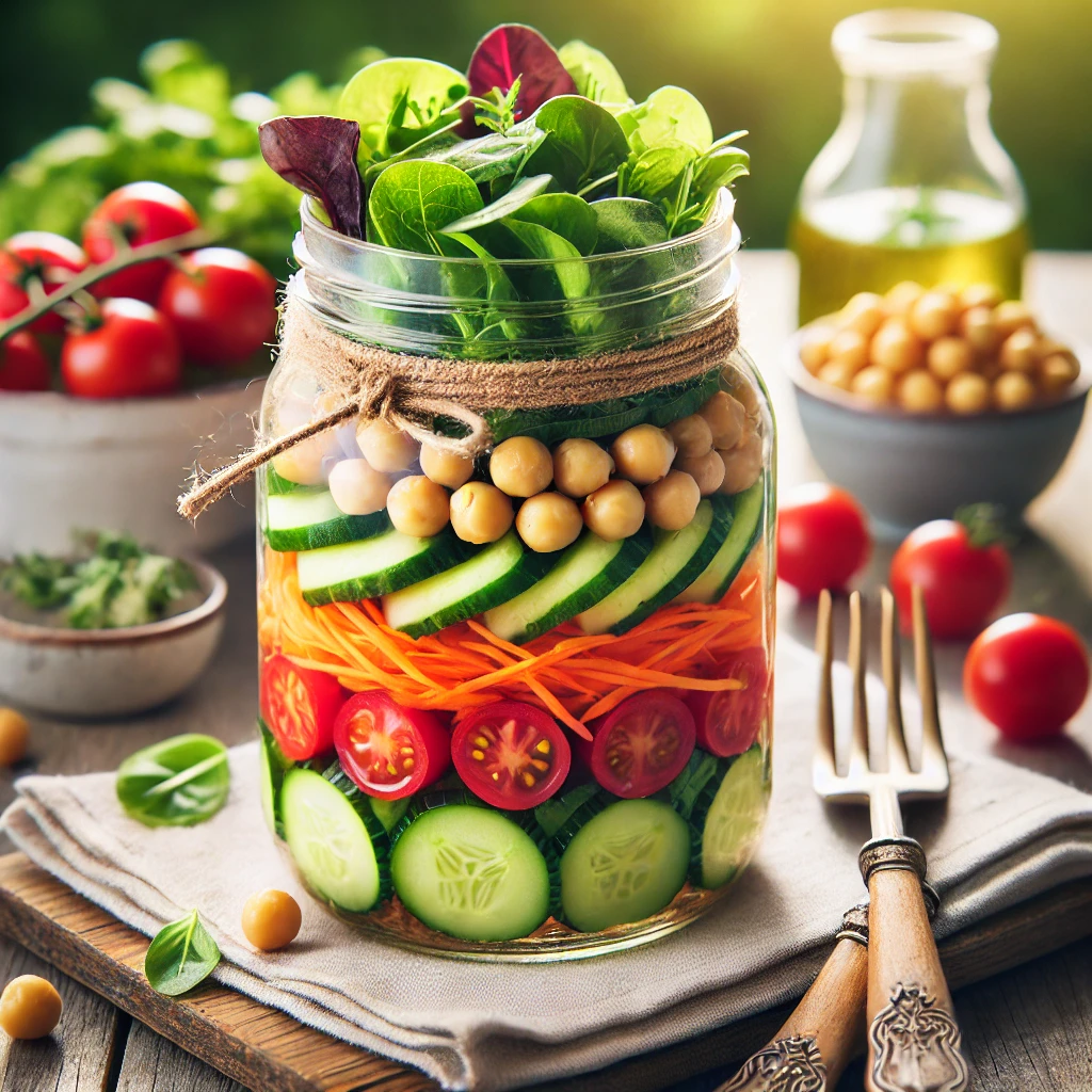 A mason jar salad packed with colorful layers for work lunches.