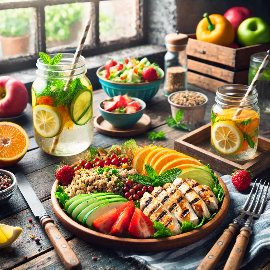 A healthy lunch spread for adults featuring salad and grilled chicken.