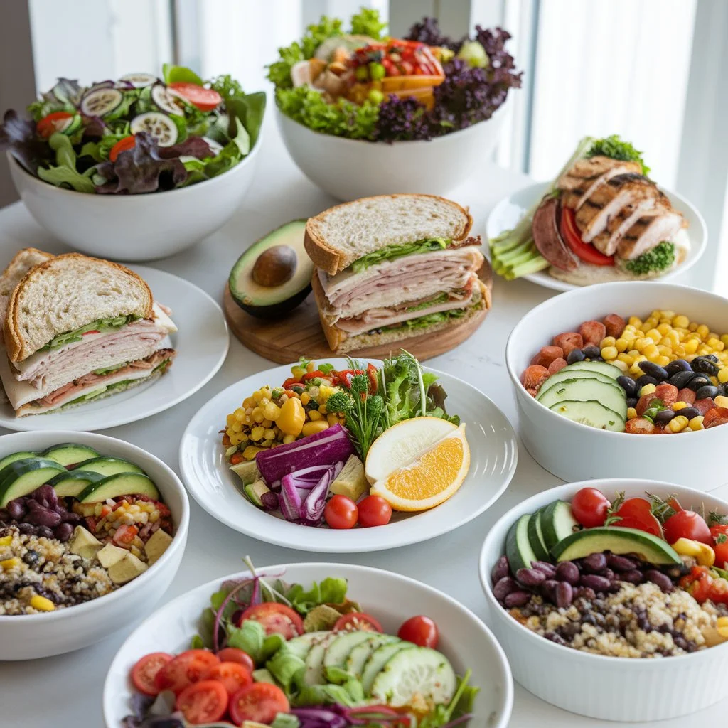 A variety of 10 healthy lunches including salads, wraps, and bowls.