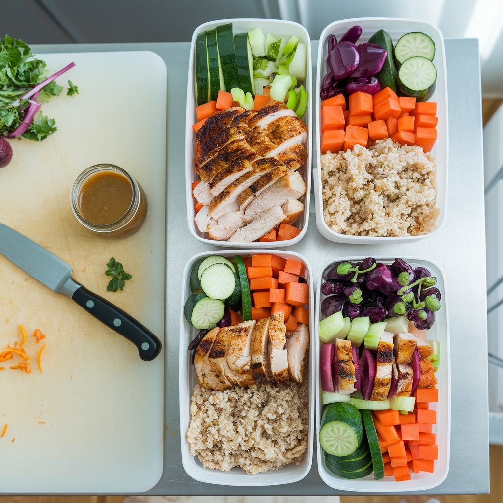 Meal prep containers with vegetables, grains, and proteins organized for simple lunches.

