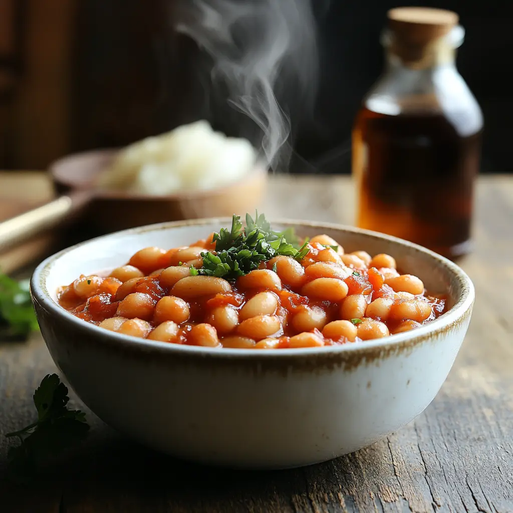 Steaming baked beans with vinegar bottle.