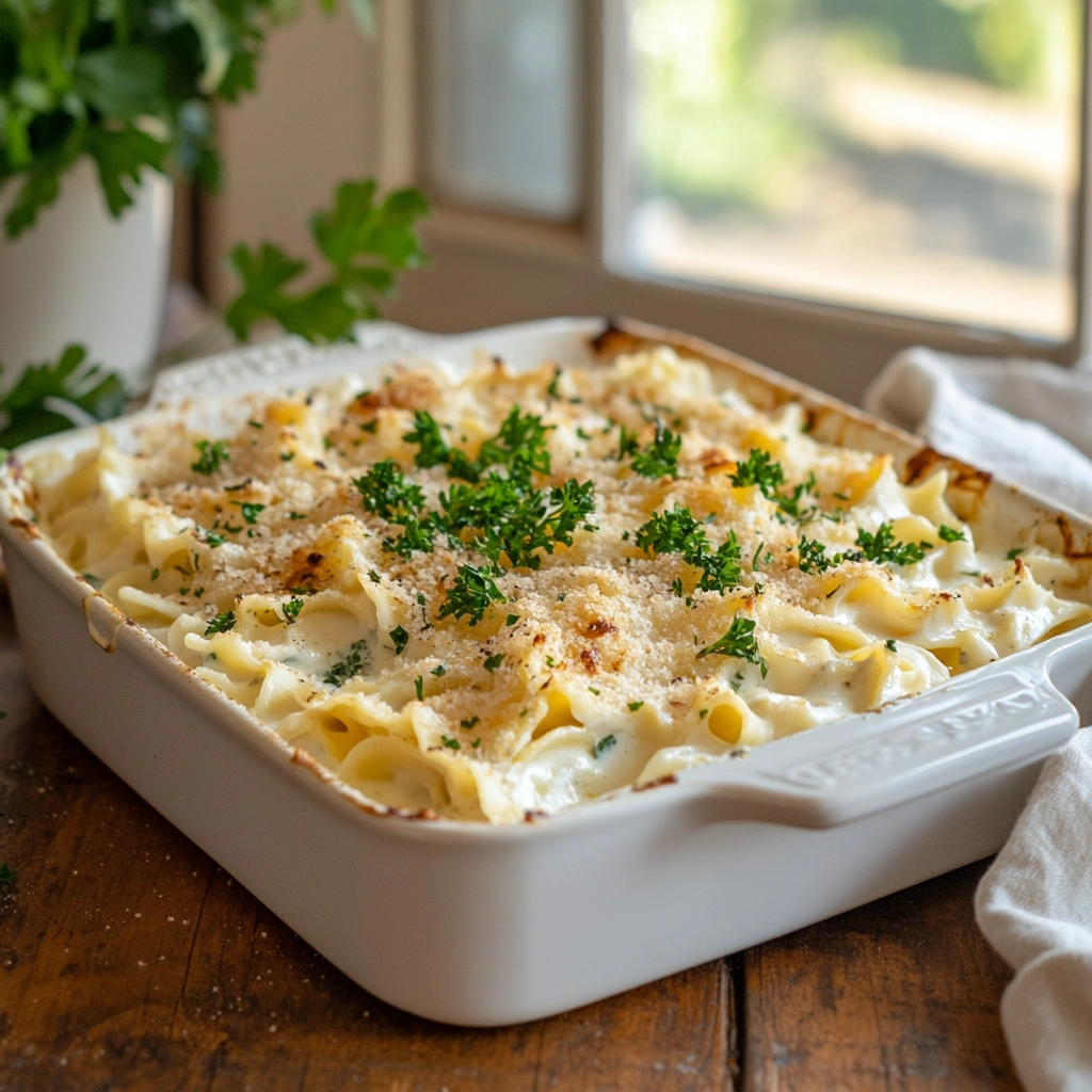A creamy Jackie Kennedy casserole served with parsley garnish.