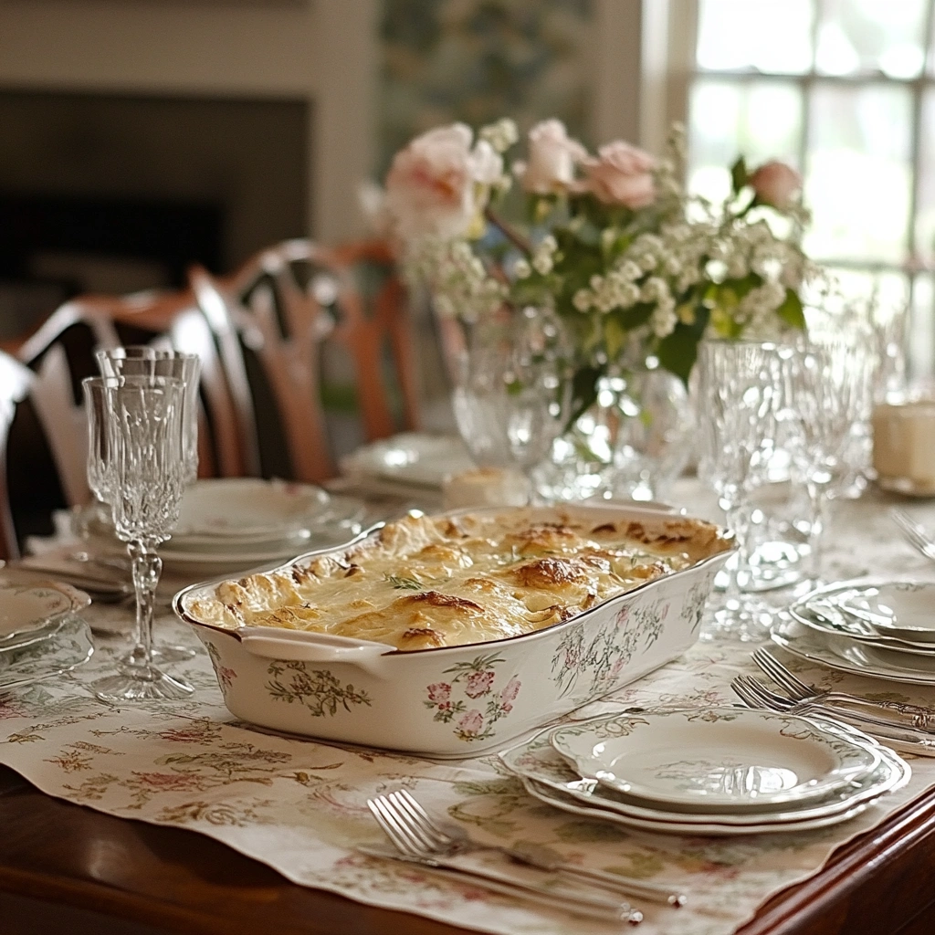 A 1960s dining table showcasing a Jackie Kennedy casserole.