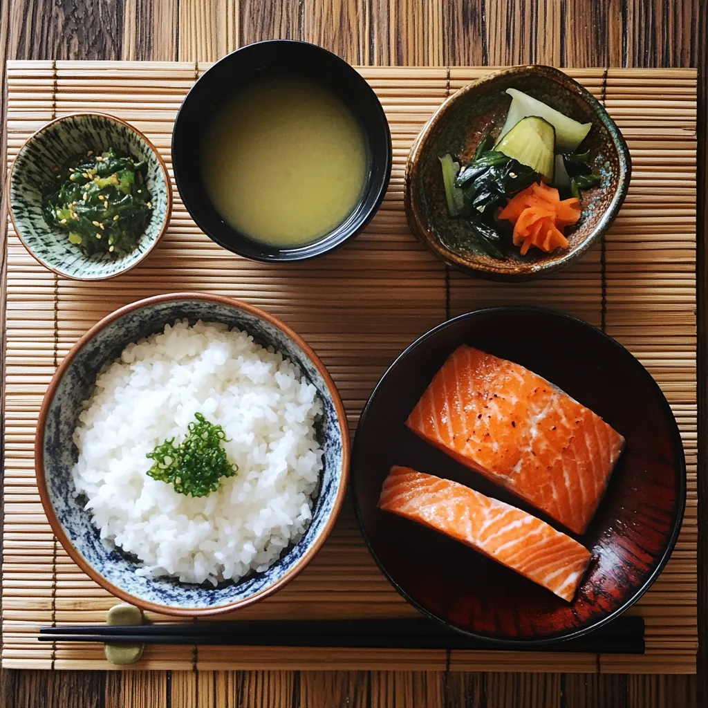 Traditional Japanese breakfast with rice and miso soup.