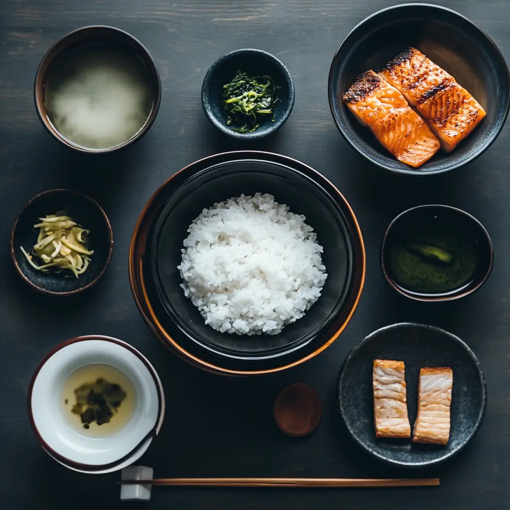 Japanese breakfast set with rice, miso soup, and fish.