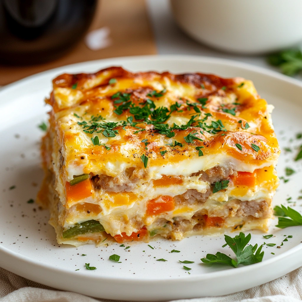 A slice of breakfast casserole showing layers of eggs, cheese, and veggies.