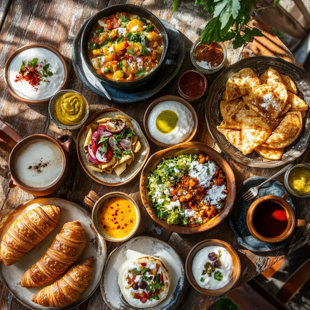 A global variety of classic breakfast foods on a rustic breakfast table