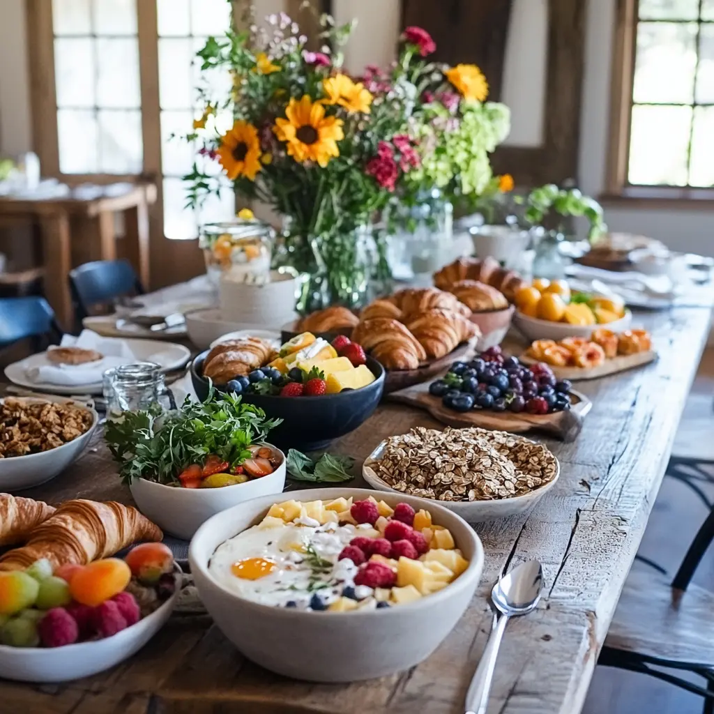 Assortment of global breakfast dishes on a rustic table