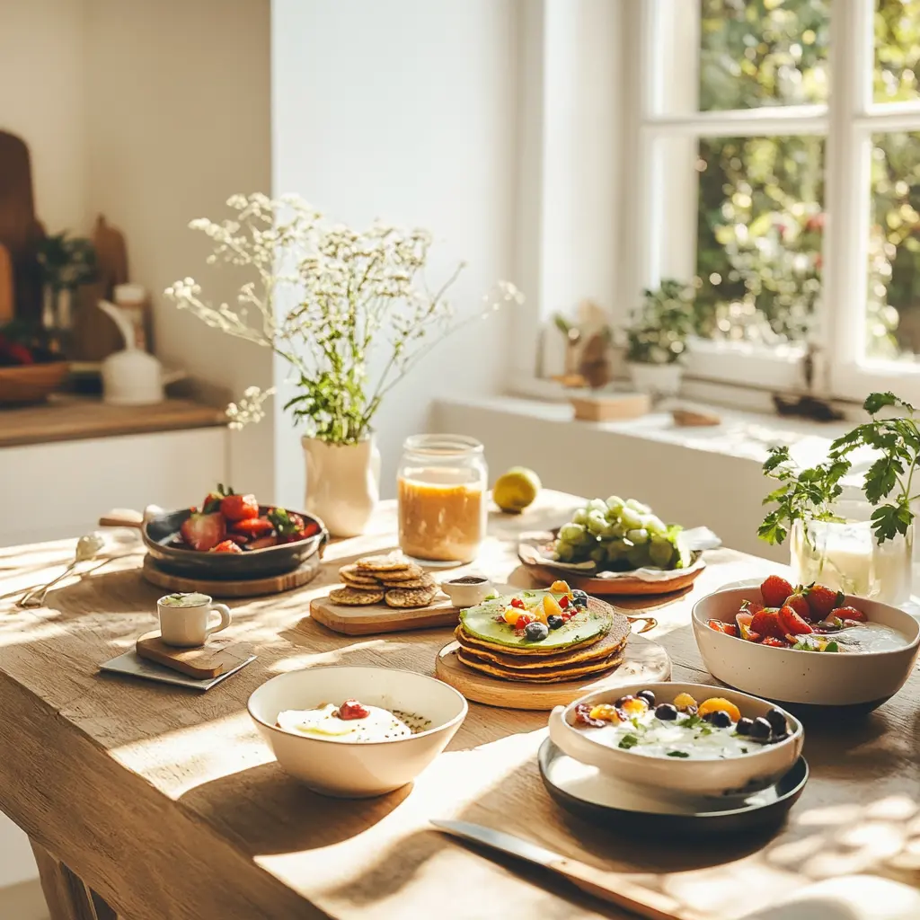 A modern breakfast table featuring healthy dishes like avocado toast and smoothie bowls.