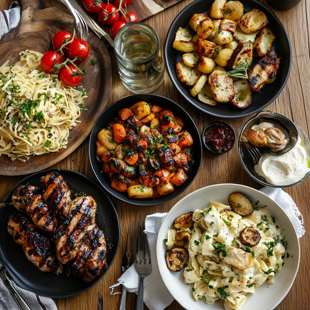 A cozy dinner table with multiple homemade dishes.