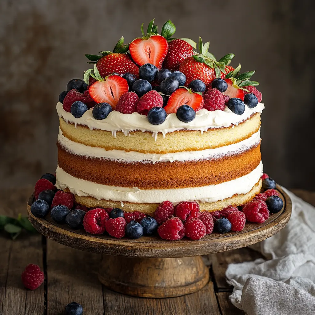 A beautifully decorated Chantilly Cake with fresh berries.