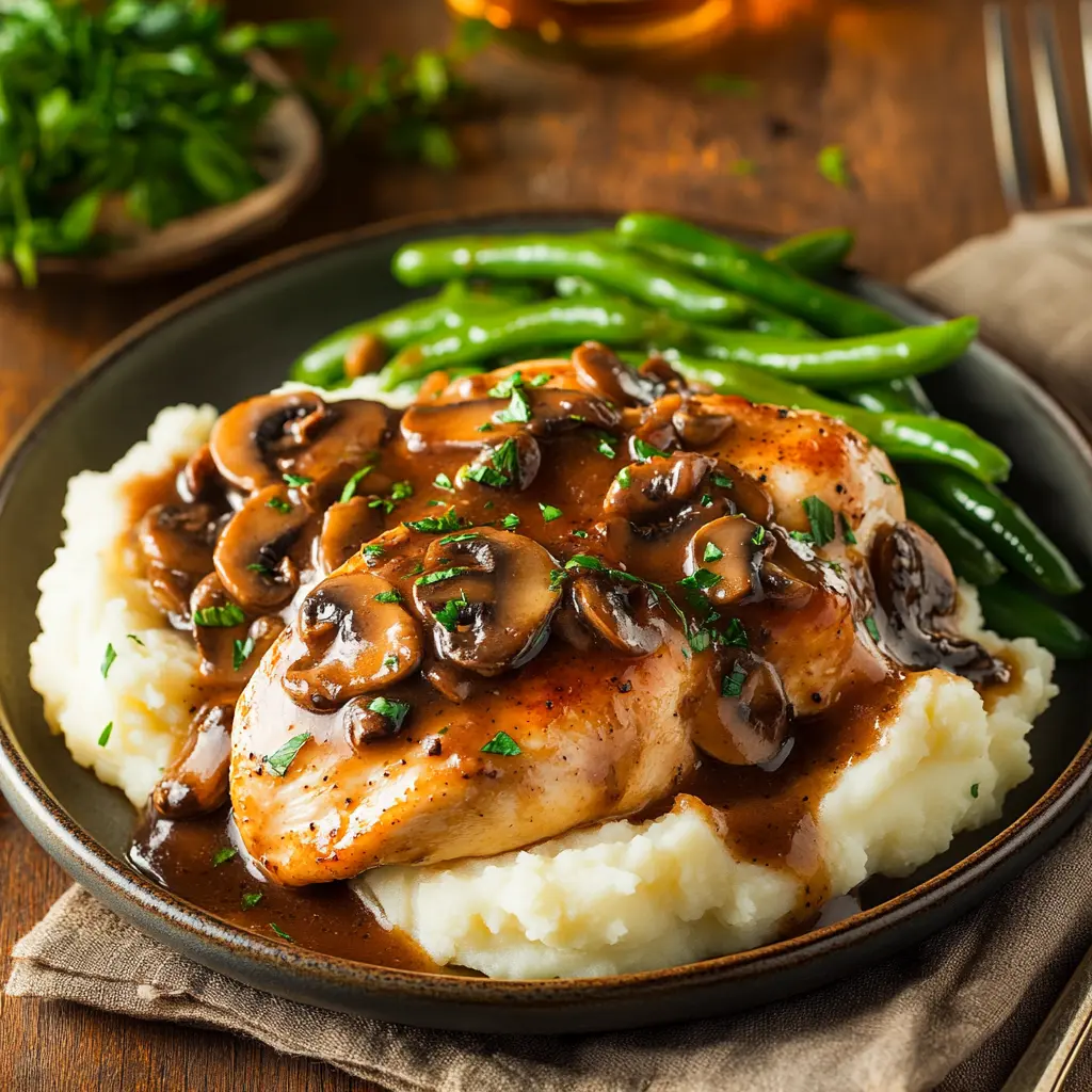 Chicken Marsala with mashed potatoes and green beans.