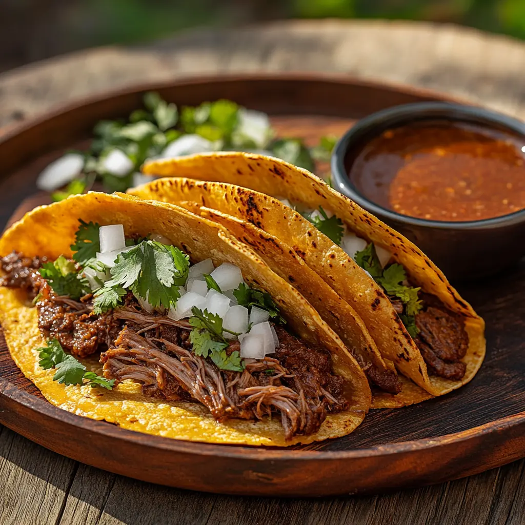 Birria taco with consomé on a rustic table.