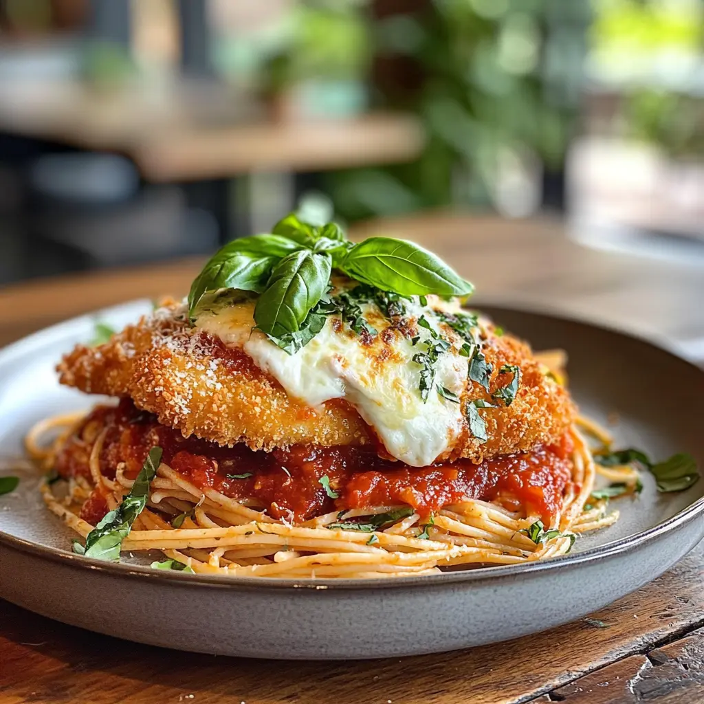 Classic chicken parmesan served with spaghetti on a wooden table.