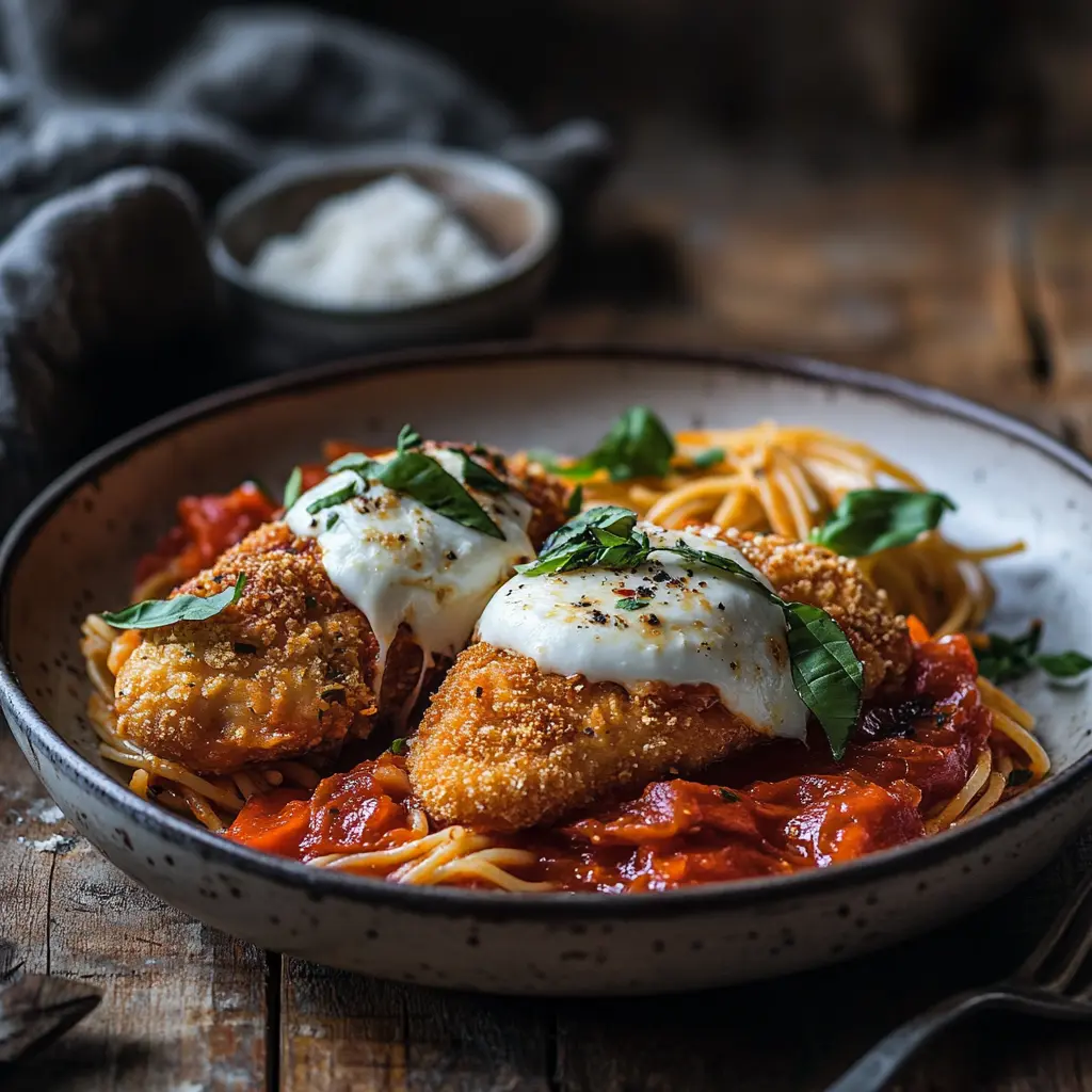 A plated serving of chicken parmesan with melted mozzarella, tomato sauce, and basil garnish.