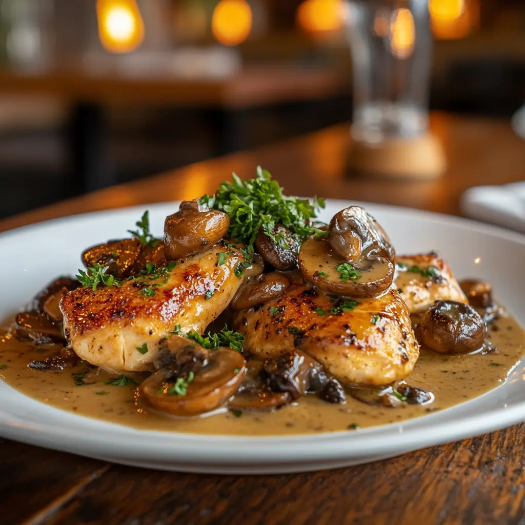 A plate of Chicken Marsala with mushrooms and creamy sauce.