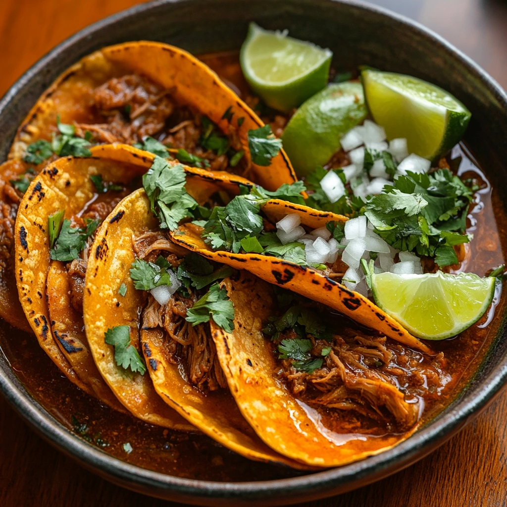 Birria tacos with consommé, cilantro, and lime