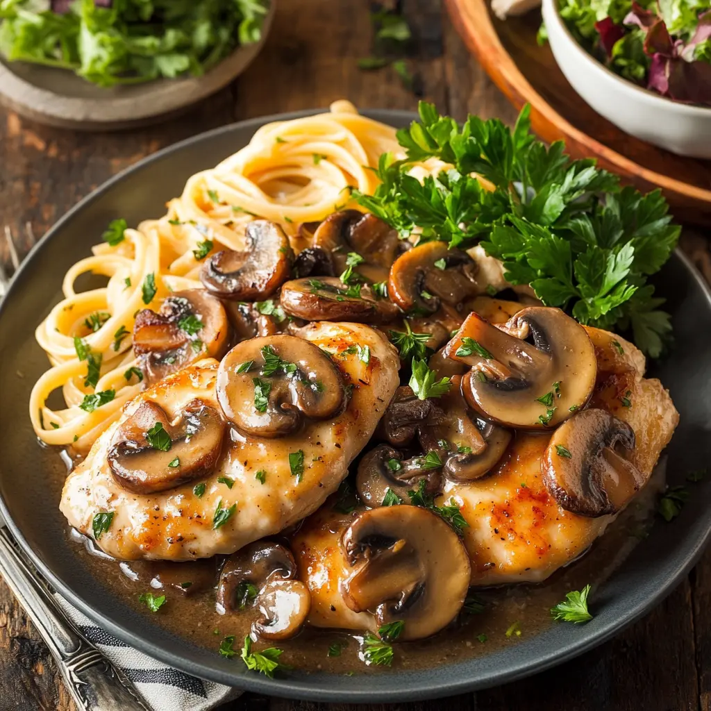 Plated chicken marsala with mushrooms and parsley.