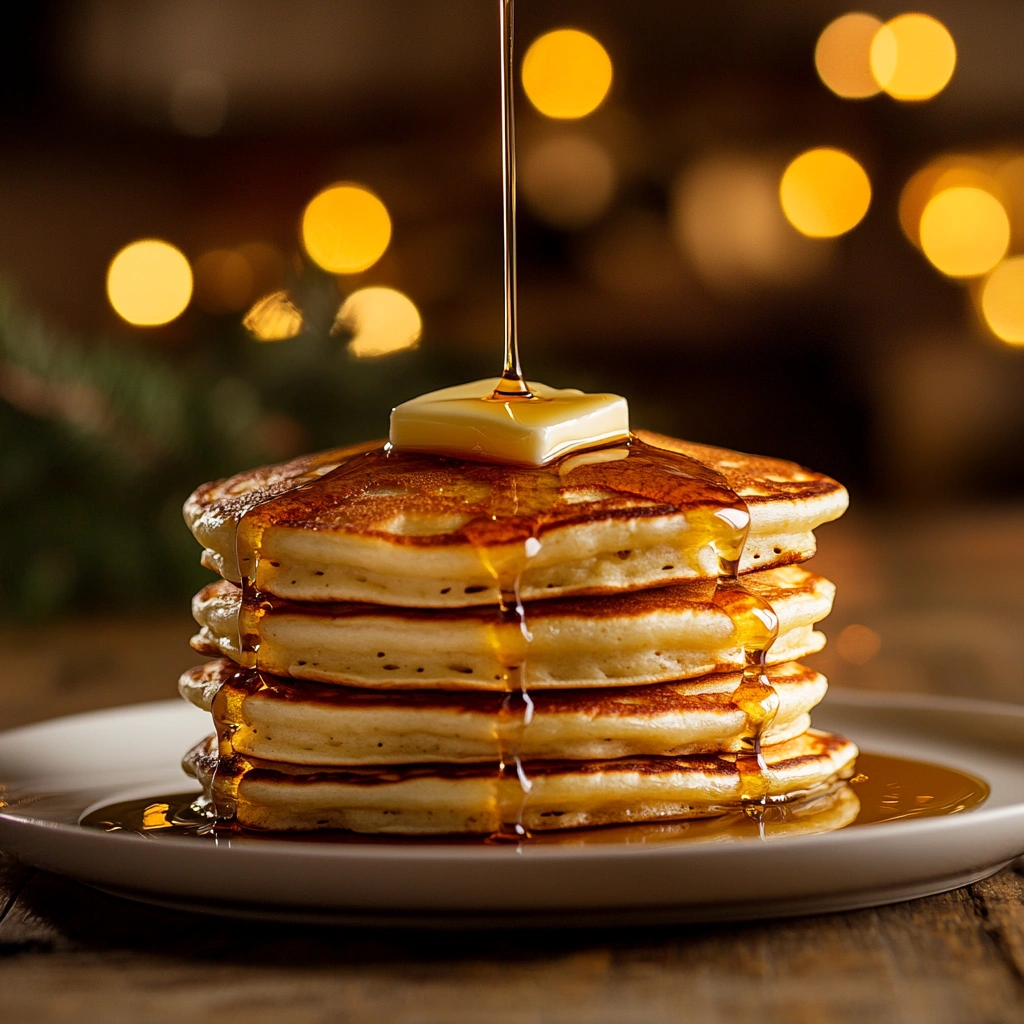 Fluffy pancakes with butter and syrup on a table