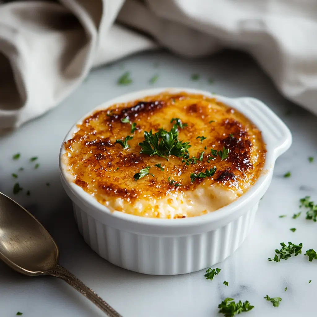 Crab brûlée in a ramekin with golden topping.
