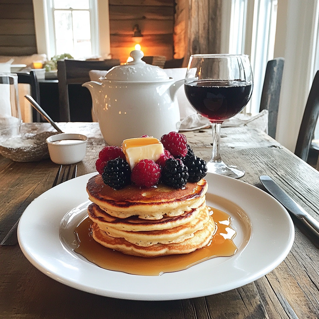 Stack of golden-brown pancakes with fresh berries and syrup.