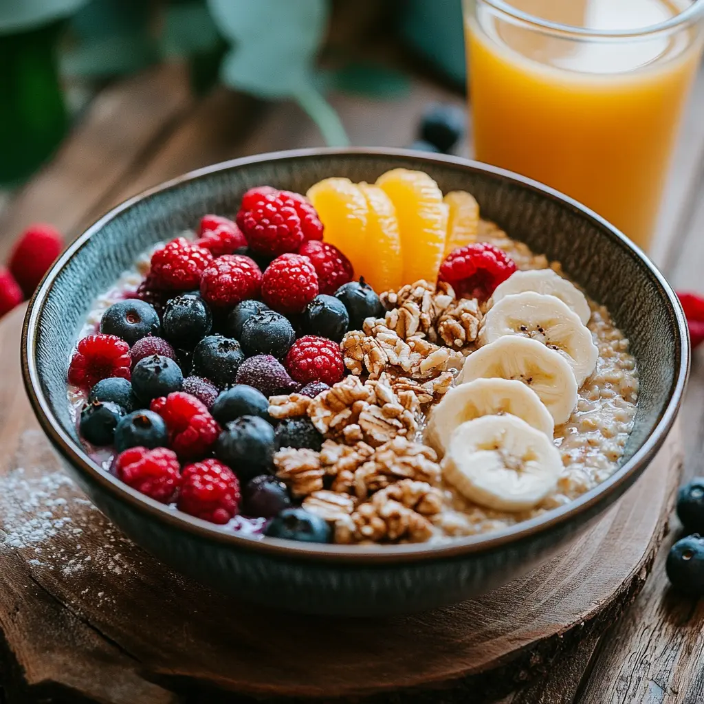 A breakfast table with oatmeal, fruits, and smoothie bowls.