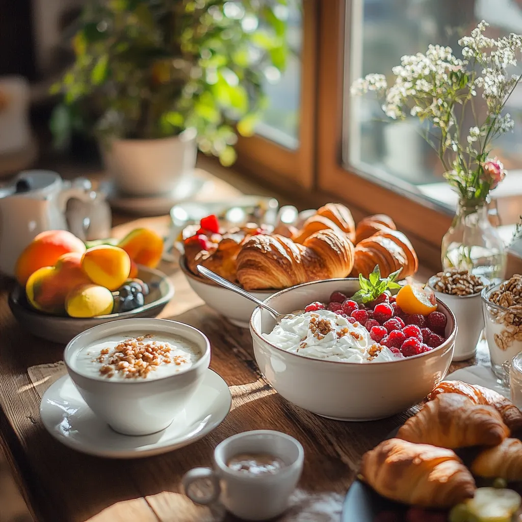 A table with diverse breakfast dishes from around the world.