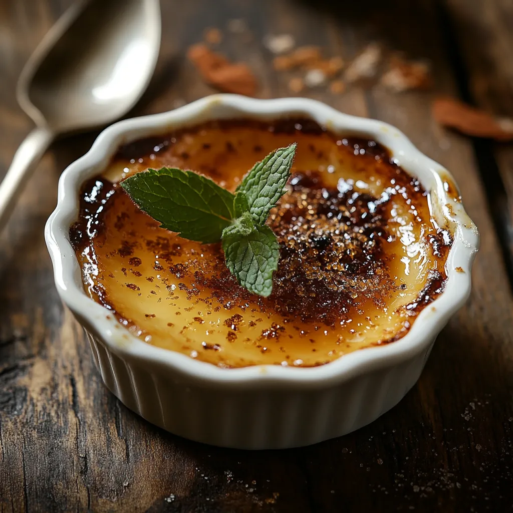 Crème brûlée with caramelized topping and mint.