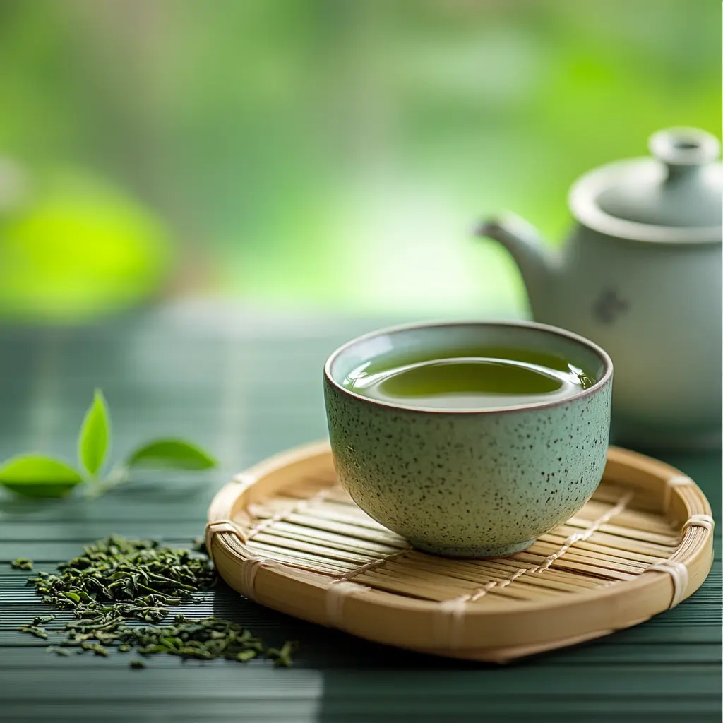 A cup of green tea with fresh green tea leaves and a teapot