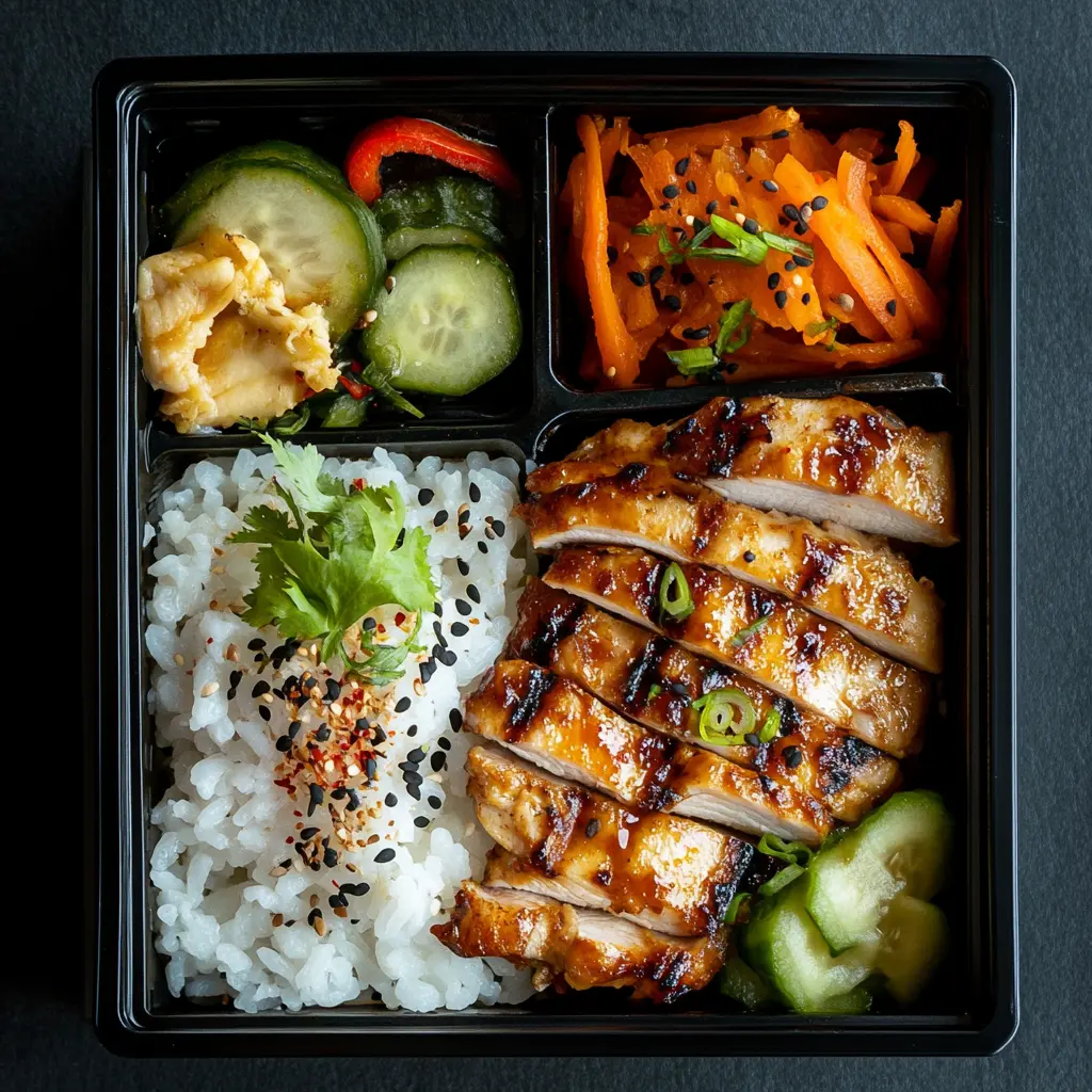 A traditional Japanese bento box lunch with colorful ingredients.