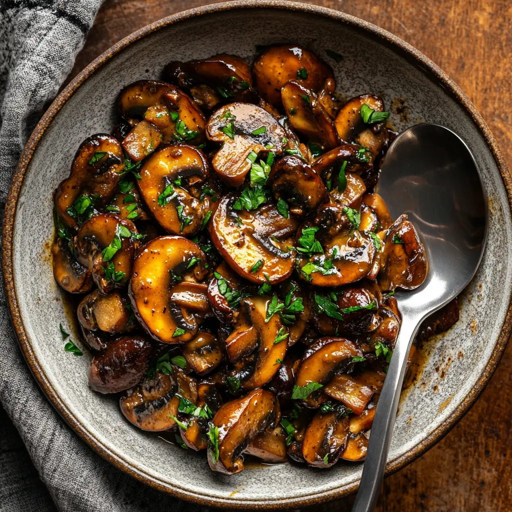 A bowl of creamy Marsala sauce with mushrooms and parsley.
