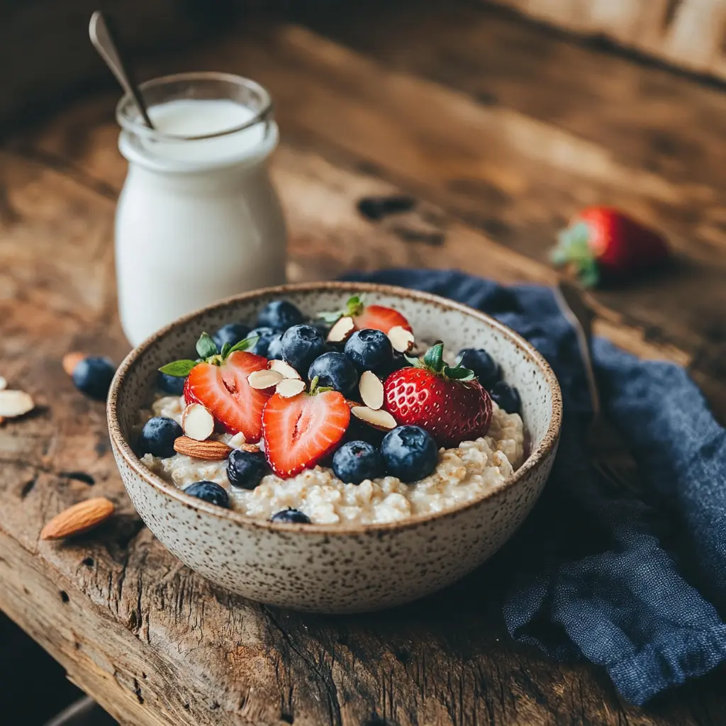 Oatmeal bowl with fresh berries and almonds