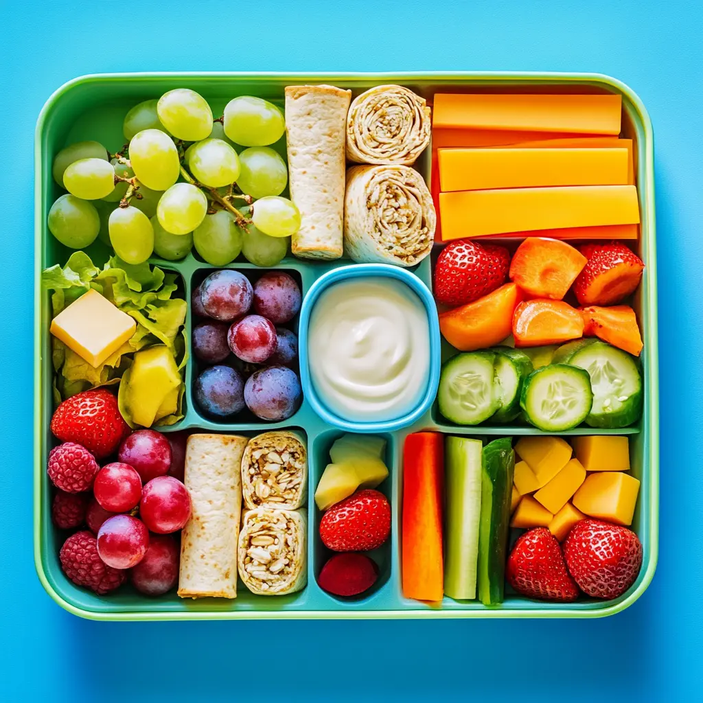 Colorful and healthy kid’s lunchbox with fresh fruits, veggies, and wraps.