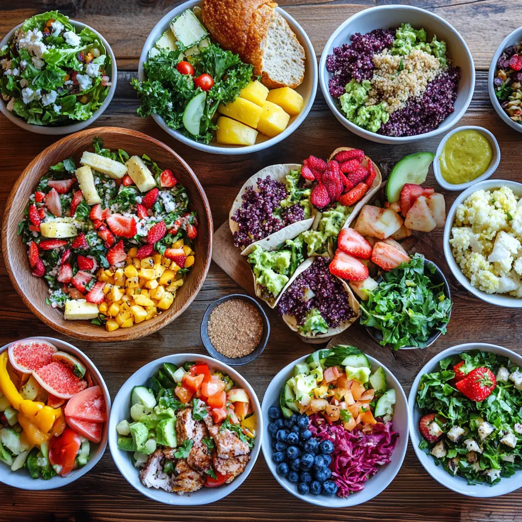 Creative and healthy lunch ideas spread with quinoa bowls, salads, and wraps.