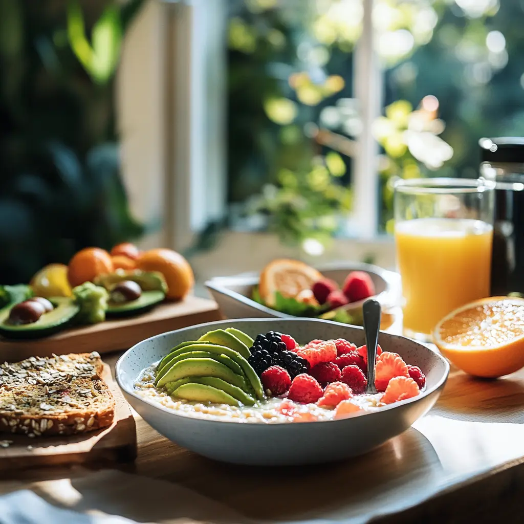 A nutritious breakfast table with oatmeal, avocado toast, and smoothie.