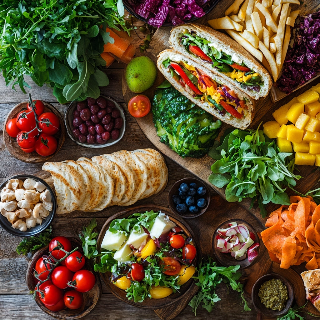 A table filled with diverse lunch foods like sandwiches, salads, wraps, and fruits, showcasing a variety of global lunch options.