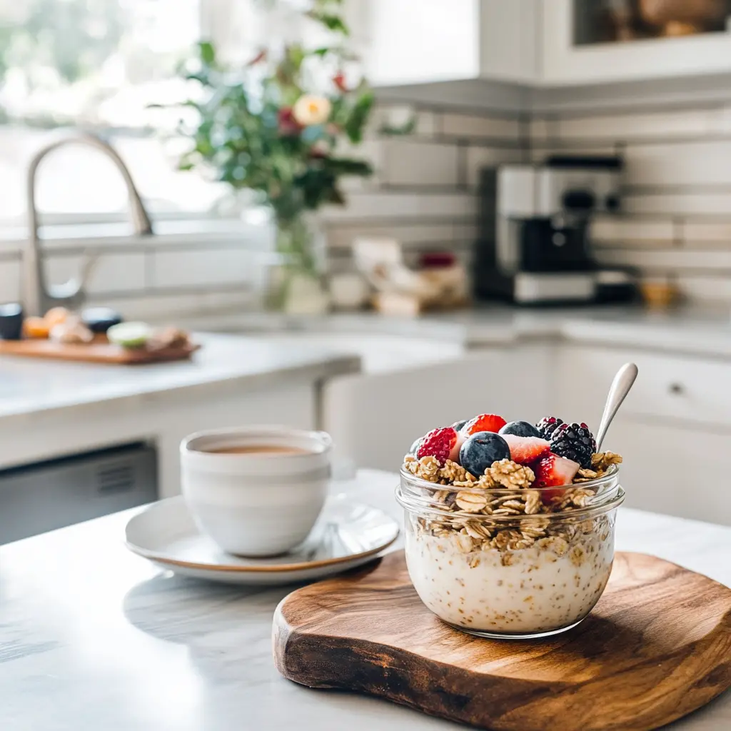 Overnight oats jar with fruit and coffee for a quick breakfast.