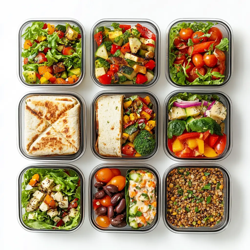 Healthy lunch ideas like salads, wraps, and poke bowls in meal prep containers.