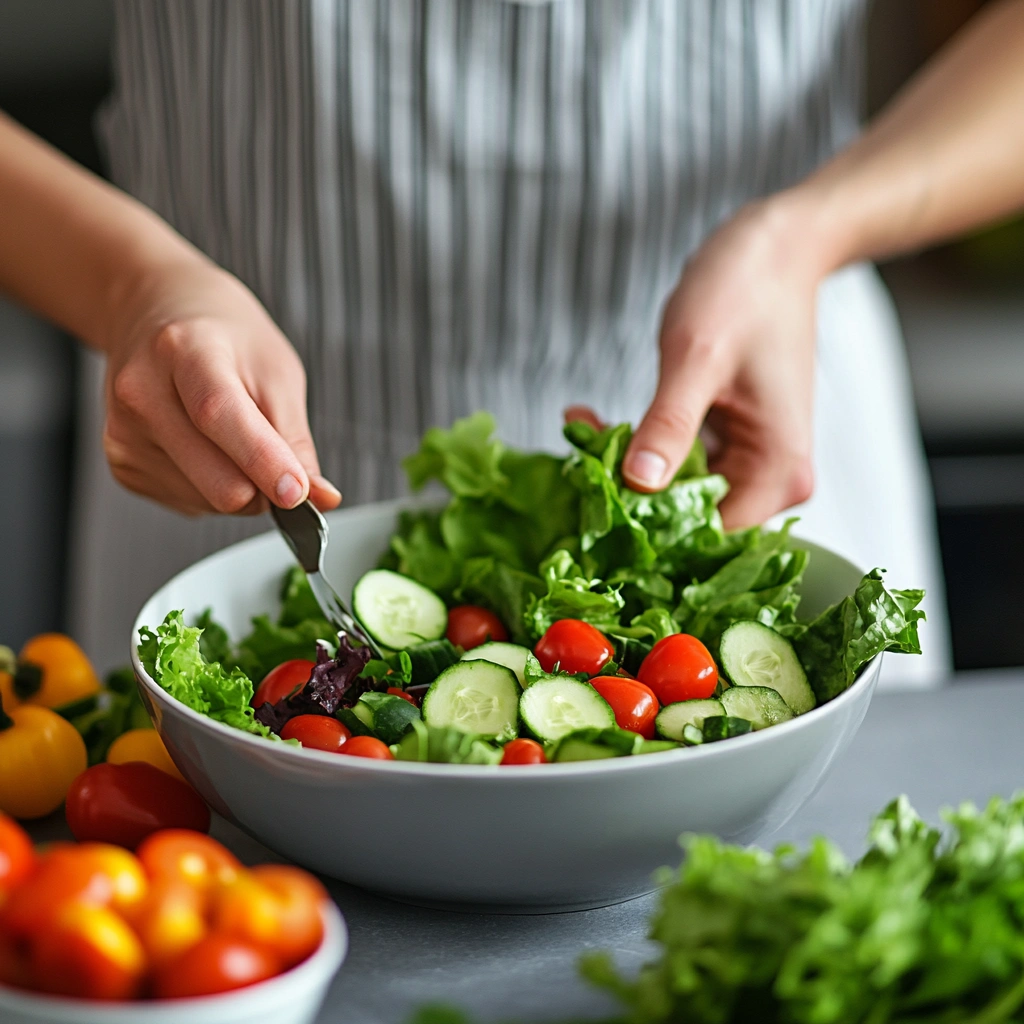 Preparing a fresh salad with pre-washed greens and vegetables.