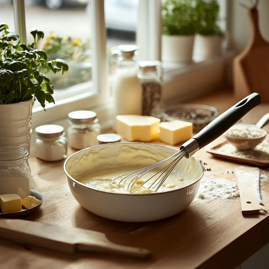 A saucepan with white sauce and its ingredients in a bright kitchen.