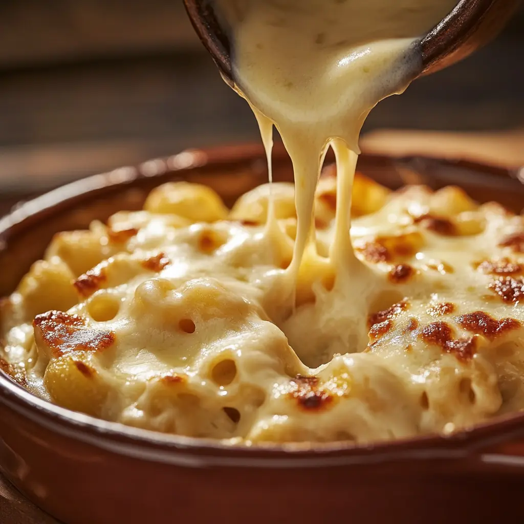 Mornay sauce poured over macaroni and cheese