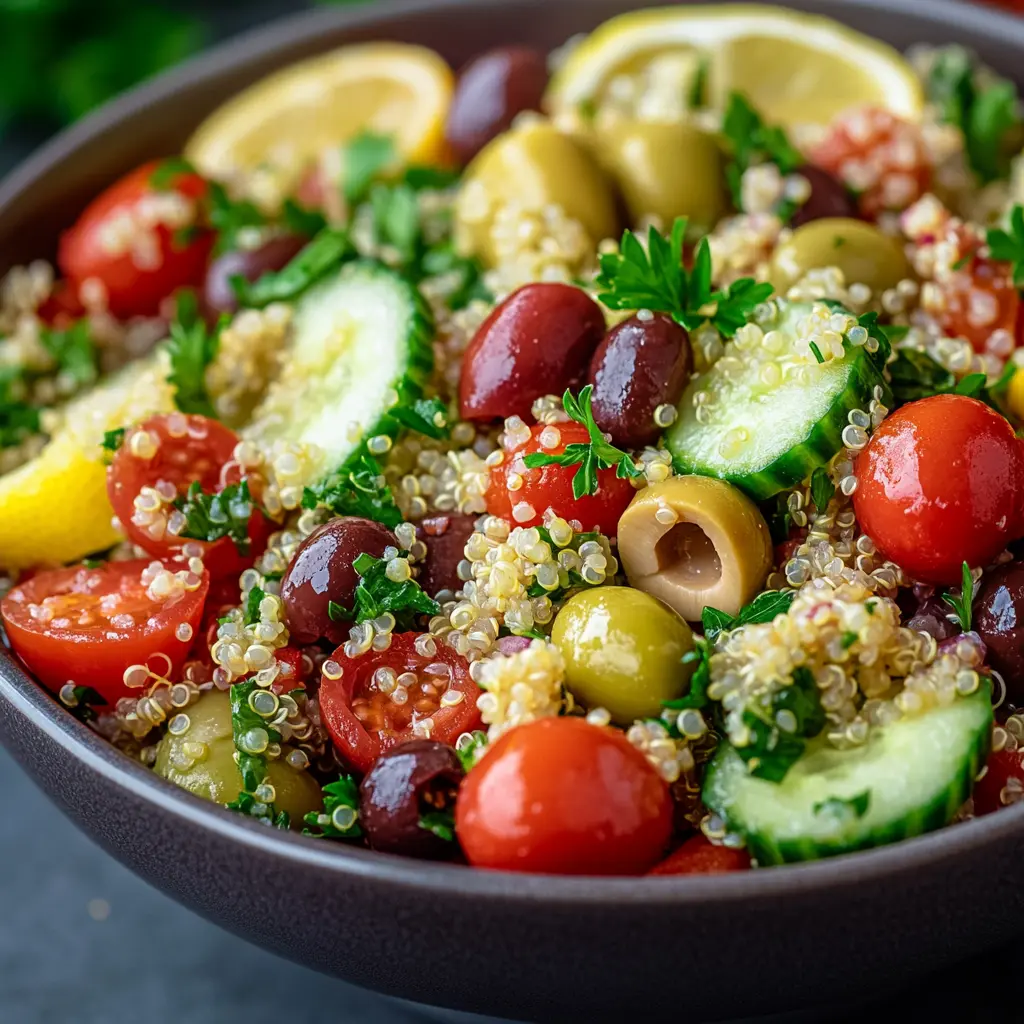 Mediterranean quinoa salad bowl with fresh ingredients.