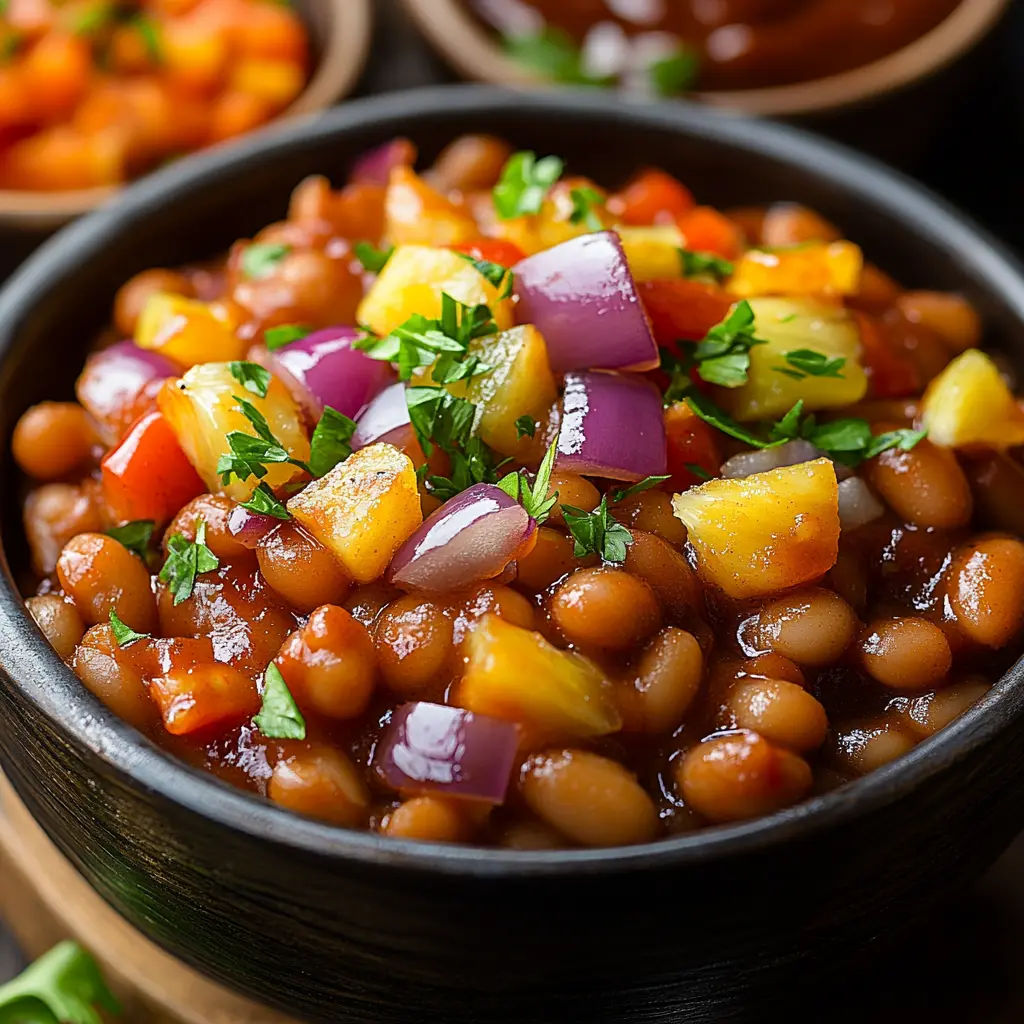 Close-up of baked beans garnished with fresh parsley and surrounded by sweet and savory ingredients.