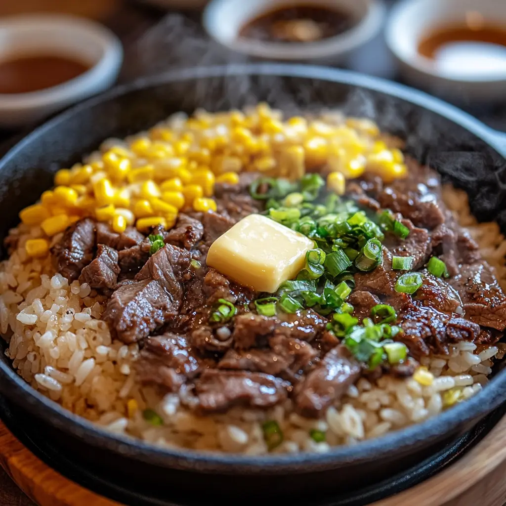 Assembling the sizzling pepper lunch on a hot plate