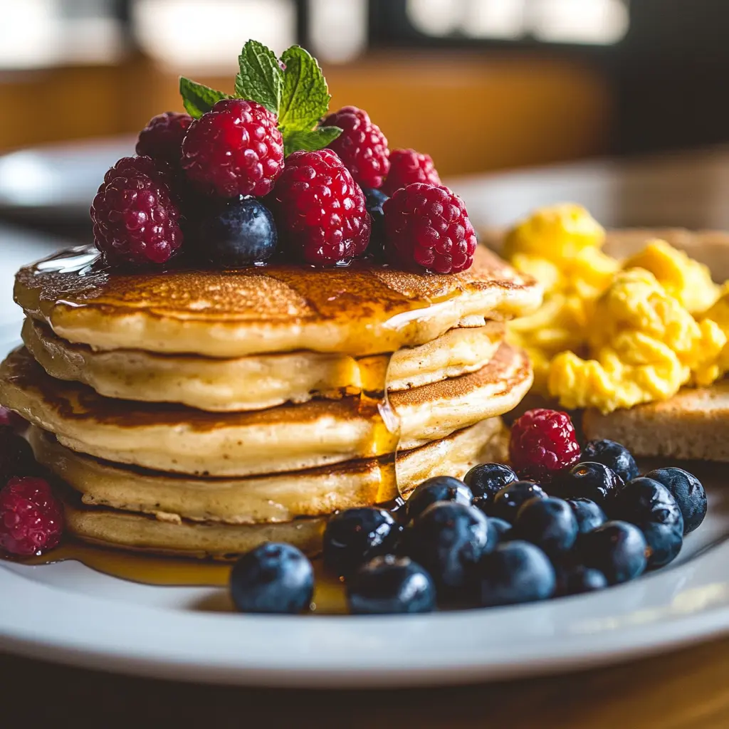 Pancakes and scrambled eggs on an American breakfast plate
