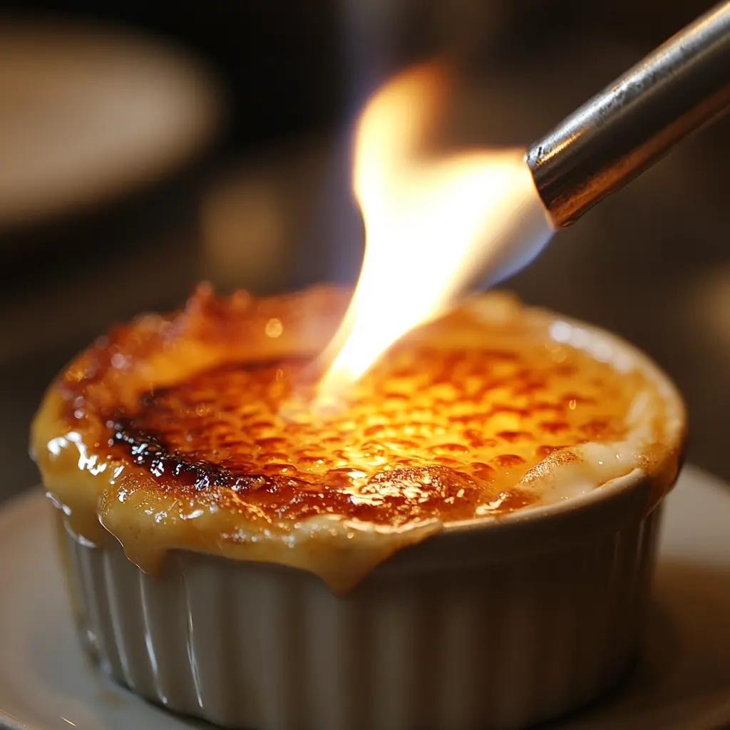 Caramelizing sugar on crab brûlée with a torch.